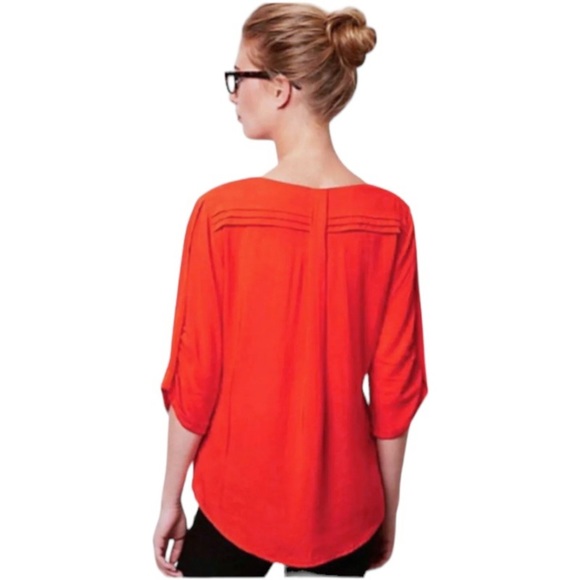 Anthropologie Drapey Pleated Henley Top P10 Petite Large Red Front Pocket Blouse - Picture 6 of 16